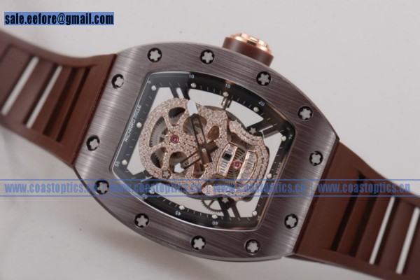 Richard Mille RM052 Watch PVD/Rose Gold Skeleton Dial Perfect Replica Brown Rubber